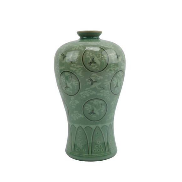 Vintage Celadon Crane Vase Korean Style Porcelain Ceramic Decorative 9.5